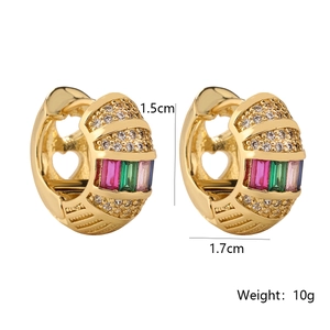 Gold plated geometric huggie earrings with colorful zircon stones and heart cutout details