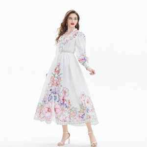 Ethnic floral print linen maxi dress with lantern sleeves and V-neck in white