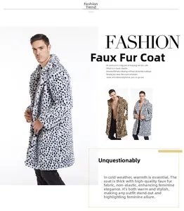 Detailed view of plush leopard print and Dalmatian pattern faux fur coats for men