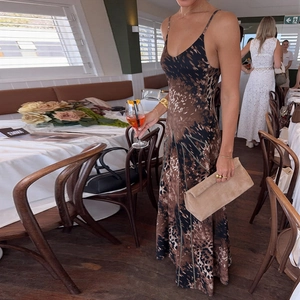 Detail shot of a slim fit leopard print maxi dress with V-neck and thin straps
