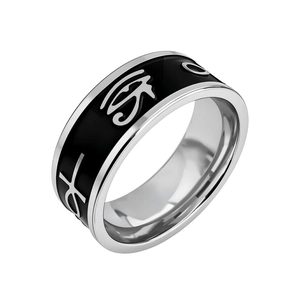 Detailed view of Horus and Ankh symbols on a vintage titanium steel signet ring with black enamel