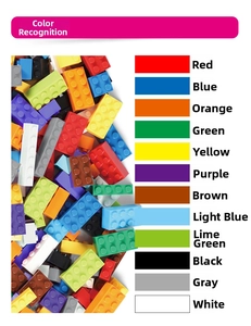Macro shot of colorful ABS building blocks with detailed color recognition chart