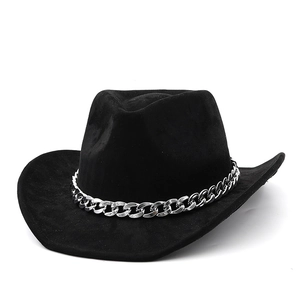 Classic black cowboy hat with silver chain decoration and suede-like texture