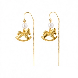 Elegant gold horse tassel threader earrings with white pearl detail for women