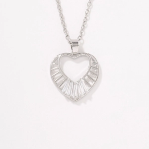 Minimalist silver heart necklace with hollow design and square cubic zirconia accents