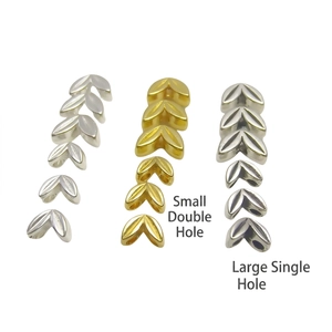 Leaf-shaped alloy beads in silver, gold, and black with single or double hole designs