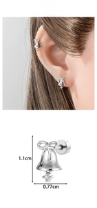 Detail showing bow bell earring dimensions 1.1cm by 0.77cm with clear zircon accent