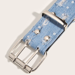 Punk style blue denim belt with double-row metal grommets and silver buckle decoration
