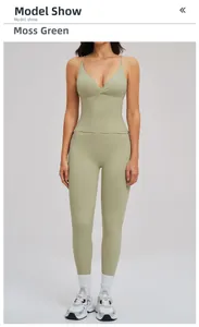 Detail of moss green yoga set featuring high waist leggings and a V-neck tank top