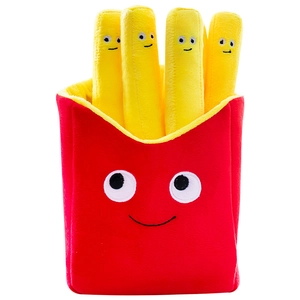 Cute plush french fries toy with smiling faces in a red box on a clean white background