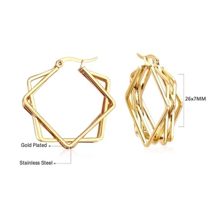 Gold-plated stainless steel geometric square earrings with a multi-layer faceted design
