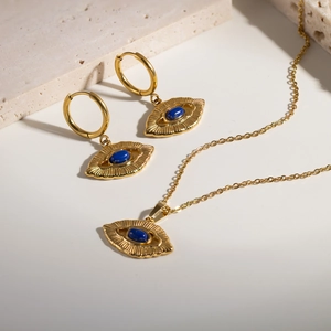 18K gold plated stainless steel jewelry set with evil eye lapis lazuli pendants