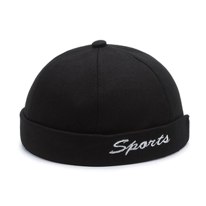 Classic black cotton docker cap with white Sports embroidery for street style look