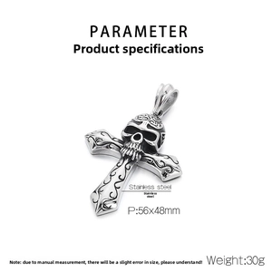 Detailed specs of stainless steel gothic skull cross pendant with dimensions and weight