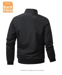 Back view of a black lightweight flight jacket with stand collar and ribbed hem