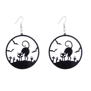 Detailed close-up of acrylic Halloween earrings featuring black cat and bat silhouettes