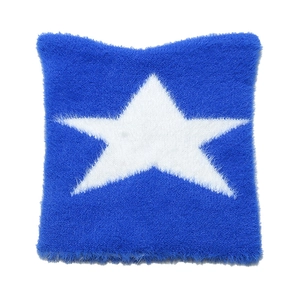 Blue knit cat ear hat with white star pattern in fluffy faux mink fur material