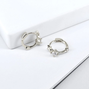 S925 sterling silver star hoop earrings with round zircon stones in minimalist style