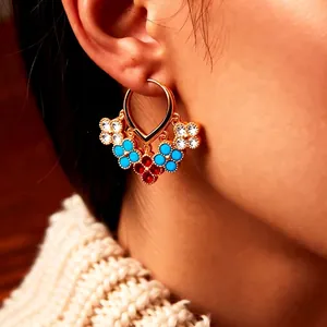 Vintage style 18K gold plated flower fringe earrings with heart base and clover charms