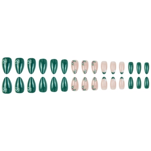 Christmas almond press-on nails with green glitter, snowflakes, and festive leaf patterns