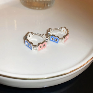 Silver letter B hoop earrings with colorful blue and pink enamel and zircon accents