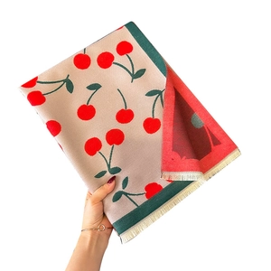 Double-sided reversible cherry pattern scarf with fringe, beige and red knit cashmere-like wrap