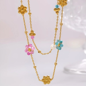 French vintage apatite beaded necklace with colorful crystal flowers and a pearl
