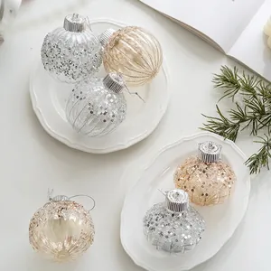 Champagne and silver Christmas ball ornaments with vertical stripes and glitter sequins