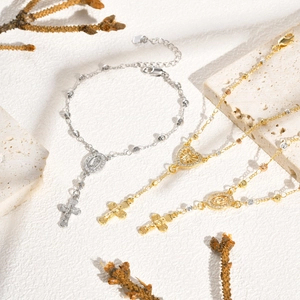 Bracelets religieux à perles avec médaille de la Vierge Marie et croix dorées et argentées