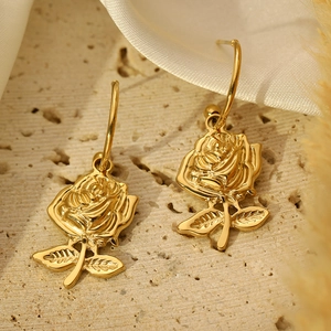 Detailed close-up of 3D gold rose earrings with intricate petal and leaf textures