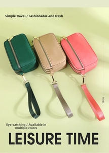Detailed close-up of compact triple-zipper leather bags in green, khaki, and orange