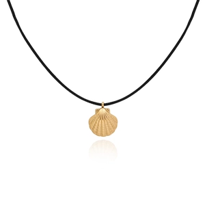 Golden shell pendant necklace with black cord chain for ocean style vacation jewelry