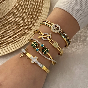 Bangle Bracelet Stainless Steel Rhinestone Cross Tree Of Life Clover Flower Open Cuff Trendy Jewelry For Women