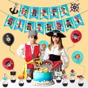 Pirate theme party decoration set with Happy Birthday banner balloons and cake toppers