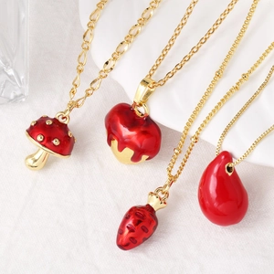 Red Enamel Pendant Necklace Copper Real Gold Plated Heart Waterdrop Shape Fashion Jewelry For Women