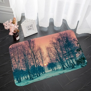 Detail of a flannel sunset forest landscape rug on a dark wood floor with home decor