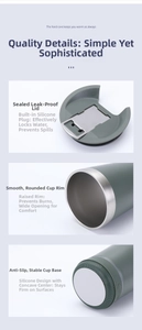 Detail view of leak-proof lid, smooth elevated rim, and non-slip silicone base of the mug