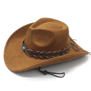 Brown suede western cowboy hat with turquoise bead and braided leather detail