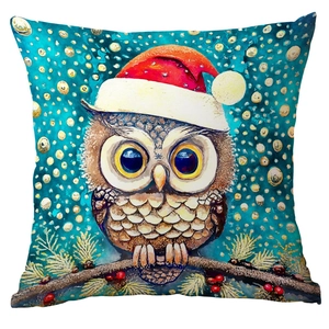 Detail of Christmas owl illustration on square pillowcase with festive watercolor art
