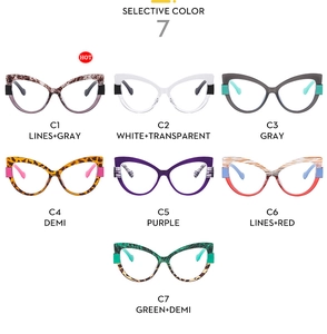Showcase of seven color variants for TR90 cat-eye blue light blocking glasses frames