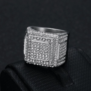 Hip hop men's silver square ring with luxury micro-pave crystals on a textured base