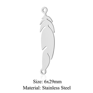 Detailed view of silver stainless steel feather charms with 6x29mm dimensions for jewelry