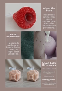 Detailed view of handmade strawberry and cube candles showing natural wax textures