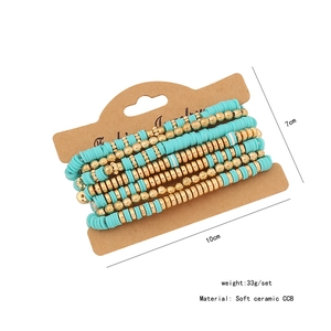 Detail view of 7pcs turquoise and gold clay bead bracelets with dimensions and weight info