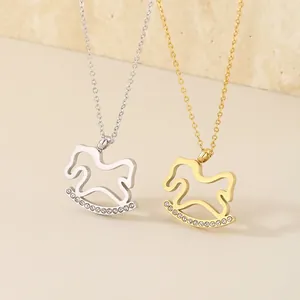 Collier Pendentif Cheval À Bascule Acier Inoxydable Strass Creux Douce Bijoux Pour Femmes