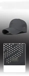Close-up of laser-cut ventilation holes and mountain embroidery on dark grey baseball cap