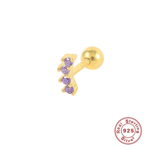 Golden S925 sterling silver piercing stud featuring four purple zircon stones