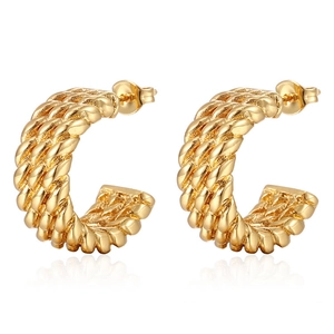 French vintage 18K gold plated stainless steel C-shape twisted hoop earrings for women