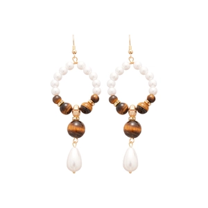 Vintage tiger eye and pearl drop earrings with elegant golden hooks for women