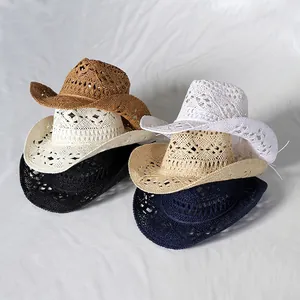 Woven Straw Cowboy Hat Hollow Breathable Sun Protection Wide Brim Western Style Summer Beach Travel For Men Women